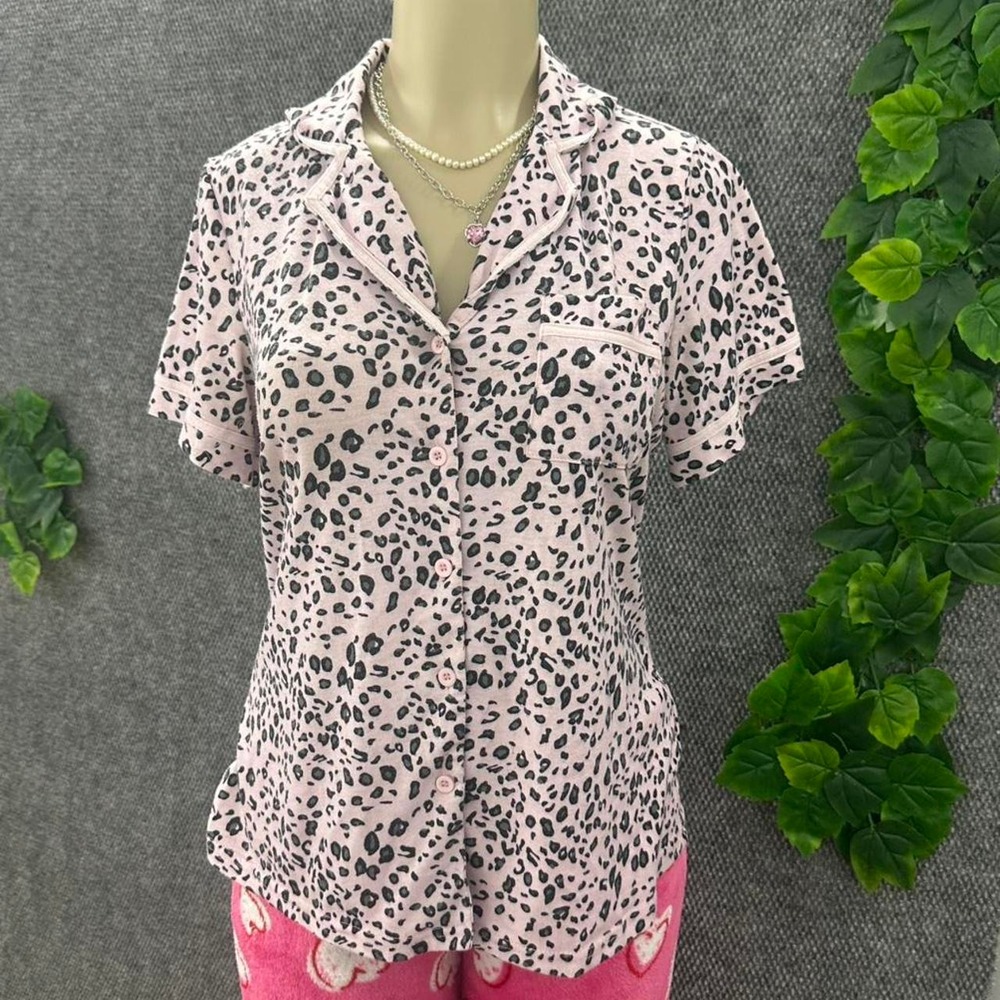 Ekouaer Pink Leopard Print Pajama Sleep Shirt